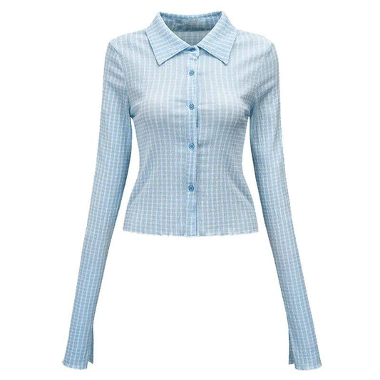Plaid Shirt Cardigan Women's Retro Lapel Long Sleeves Short Slim Shirt