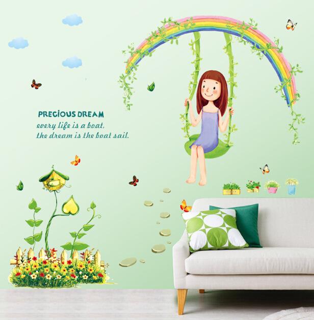 romantic rainbow under the swing and girl green plants grass summer spriing wall sticker