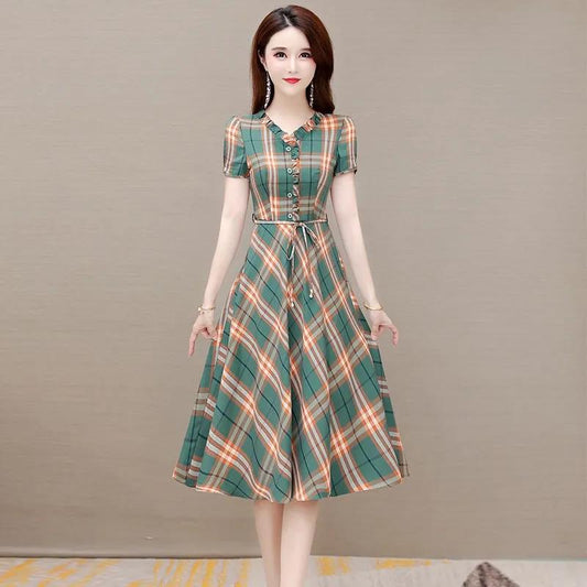 Women's Summer Plaid Dress Large Size Loose V-Neck A-Line Skirt