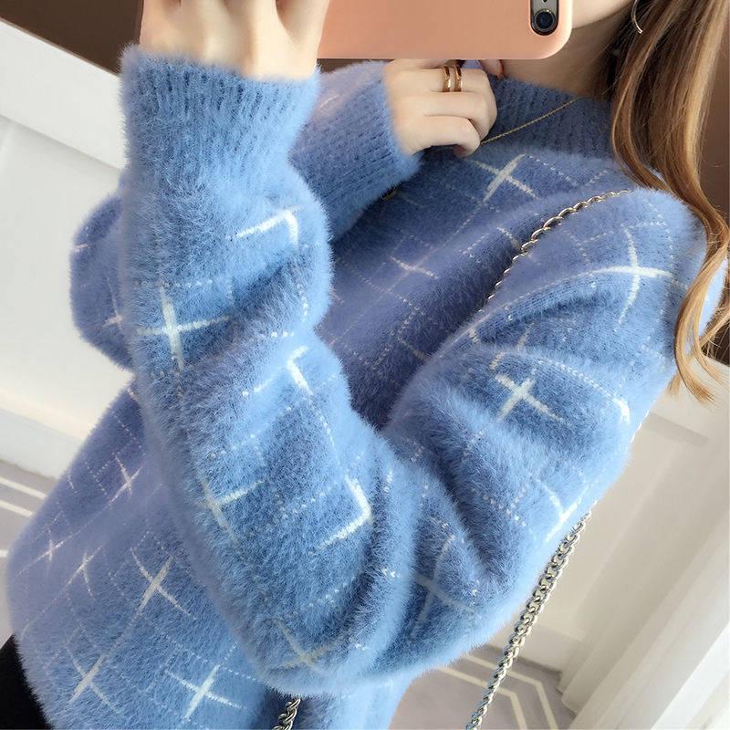 Pofulove Women Winter Warm Mohair O-Neck Pullover Sweaters Long Sleeve Loose Sweater Knitted Tops