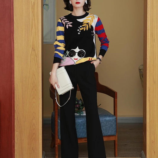 Autumn Winter New Contrast Striped Sleeve Embroidery Leaves Beaded Sequins Sunglasses Girls Knit Sweater