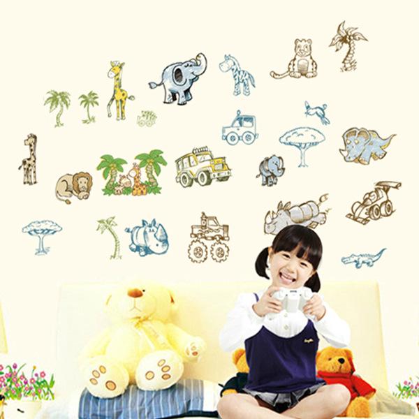 room removable wall stickers Cartoon 13 animal trucks coconut tree combination sticker