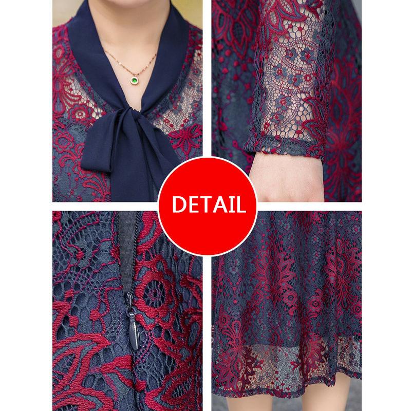 Spring Summer New Lace Dress Mid-length Over-the-knee Skirt Casual All-match Waist Waist Slim Long-sleeved Skirt