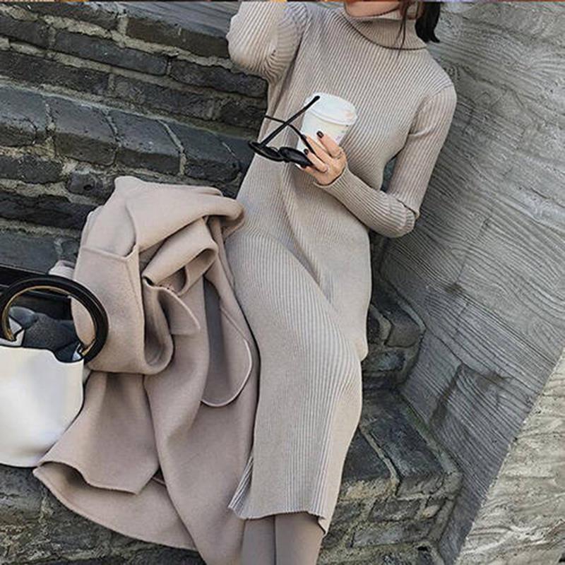 Long Coarse Wool Turtleneck Sweater Dress Women Female Casual Loose Knit Straight Sweater Dress