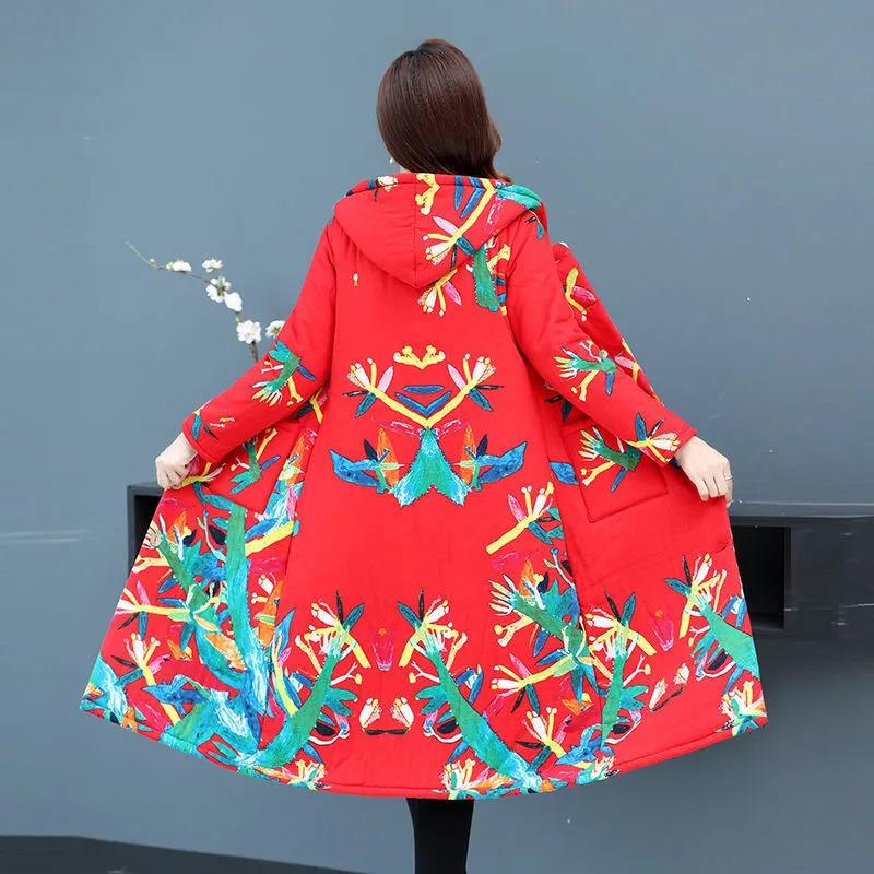 Winter Coat Plus Velvet Thickening Middle-aged and Elderly Women's Hooded Cotton Coat