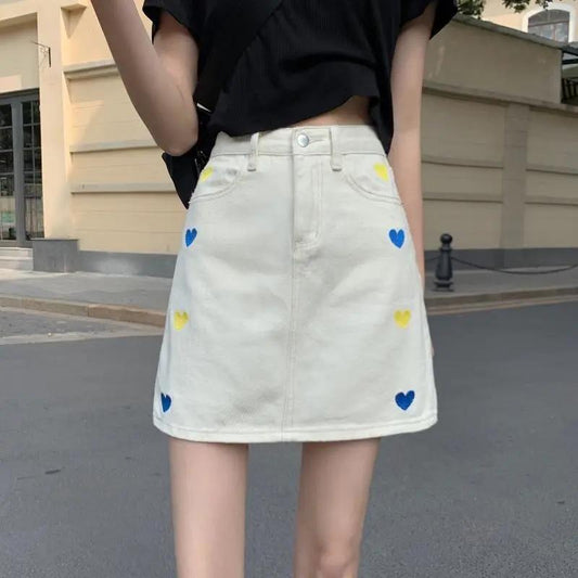 Heart Embroidered High Waist Denim Short Skirt Sweet A-line Skirt Bag Hip Skirt Summer All-match Short Denim Skirt