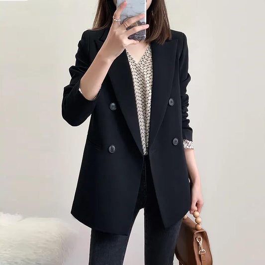 Black Spring and Autumn Small Suit Women's Jacket Loose Design Double-breasted Niche Light Familiar British Style
