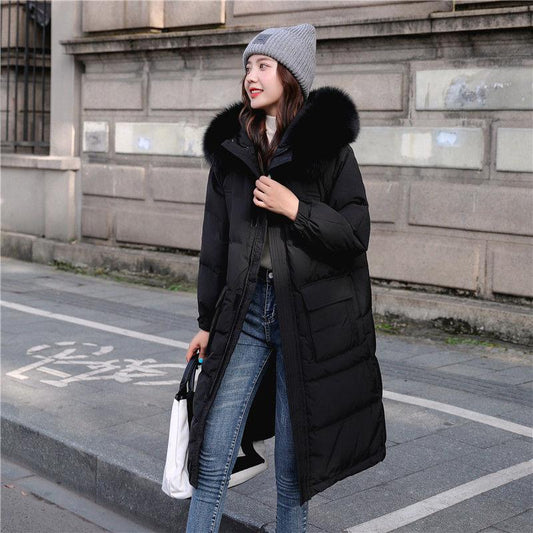 Down Jacket Women Mid-length Over The Knee Big Fur Collar Hooded Korean Loose Casual Student Winter Coat