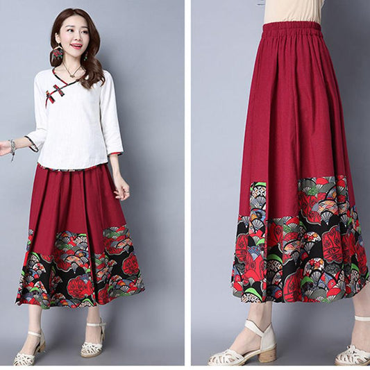 Four Seasons Skirt Stitching Ethnic Style Women's Skirts Cotton and Linen Large Swing Mid-length Skirt Retro Was Thin