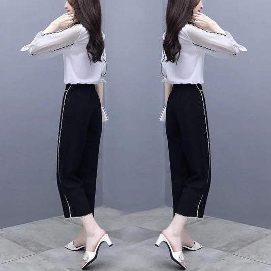 Women's Wide-leg Pants Two-piece Suit Black and White Suit Elegant Temperament Female Professional Suit, Working Lady Suit Two-piece Suit