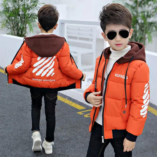 Boys' Jacket Autumn and Winter Models In The Big Boy To Overcome The Korean Version of The Plus Velvet Thick Coat Solid Color Warm Cotton Jackets