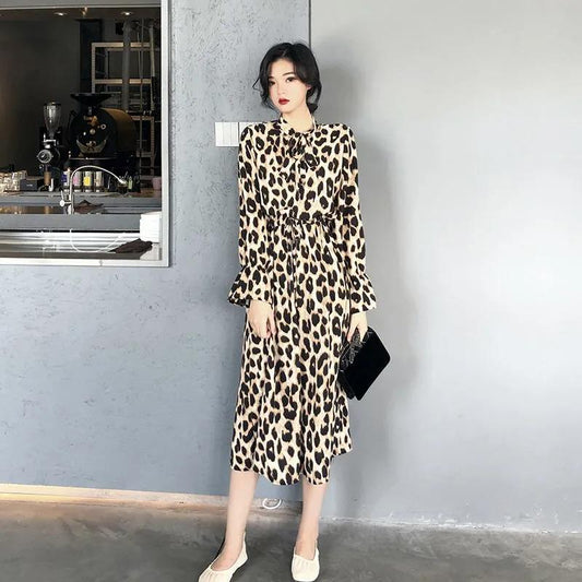 Women's Summer Leopard Print Mid-length Dress Lapel Long-sleeved Lace-up Ruffled Bohemian Beach Long Shirt