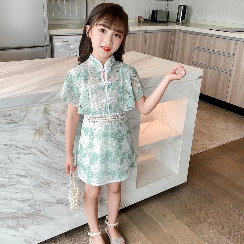 Girls' Dress Summer Broken Flowers Dress Children Net Red Girl Chinese Style Fake Two Pieces of Lace Skirt