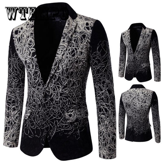 Coat Single-breasted Business Fashion Print Flowers Men High Quality Suit Jacket