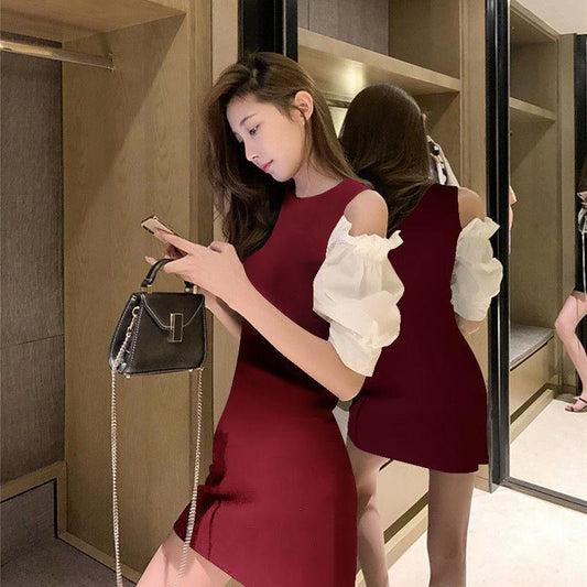 Retro Hepburn Style Waist Slimming Dress Feminine Sense Package Hip Round Neck Strapless Puff Sleeve Dress Slim Sexy Dress