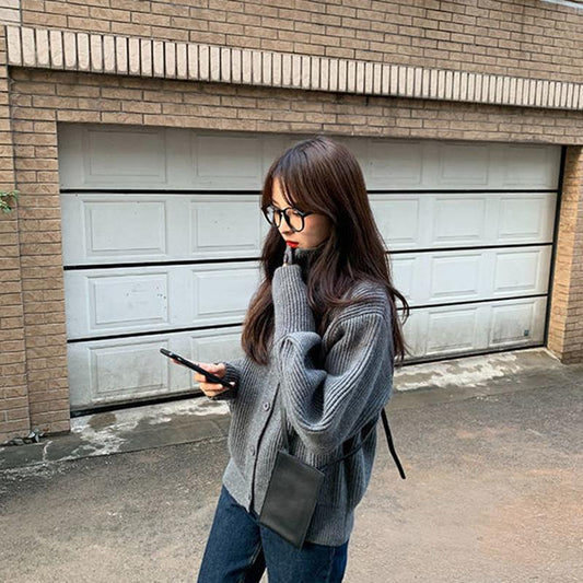 Spring Autumn Design Sense Lapel Solid Color Vertical Pattern Sweater Cardigan Girl Student Casual Fashion All-match Knitted Cardigan
