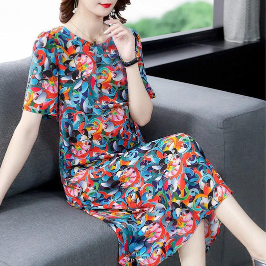 Women's Summer Short-sleeved Mid-length Skirt Floral Round Neck Large Size Loose Dress