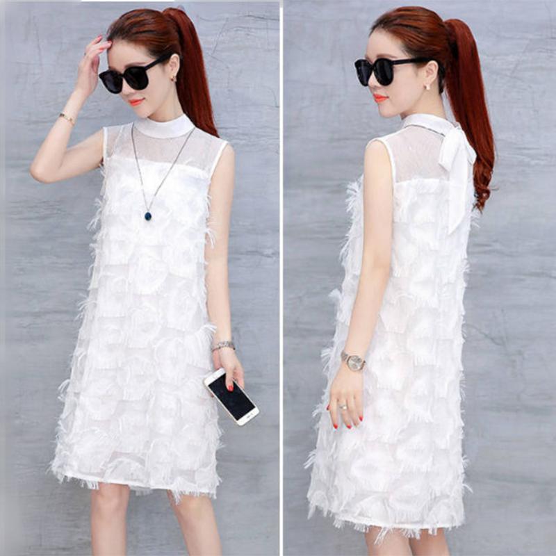 Tassel Chiffon A-line Skirt Women's Summer Dress Sleeveless Round Neck Knee-length Daily Wear Home Dating Party