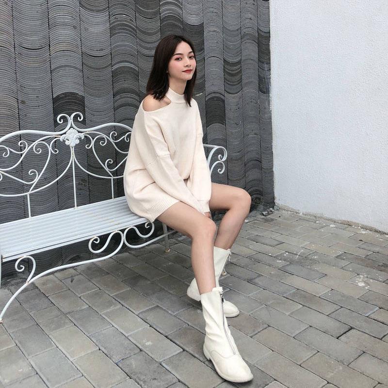 Women Autumn Winter One Shoulder Sweater Loose Pullover Warm Long Sleeve Knitted Streetwear
