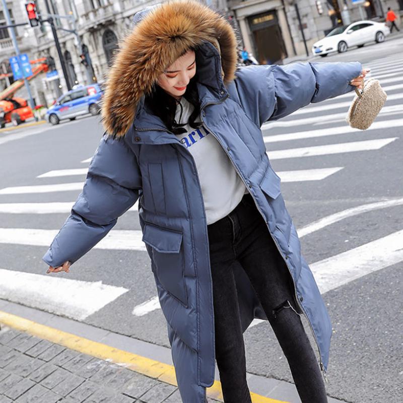 Women's Solid Color Hooded Down Jacket Long Korean Loose Thick Coat Warm Cotton Coat Large Wool Collar Winter Quilted Coat
