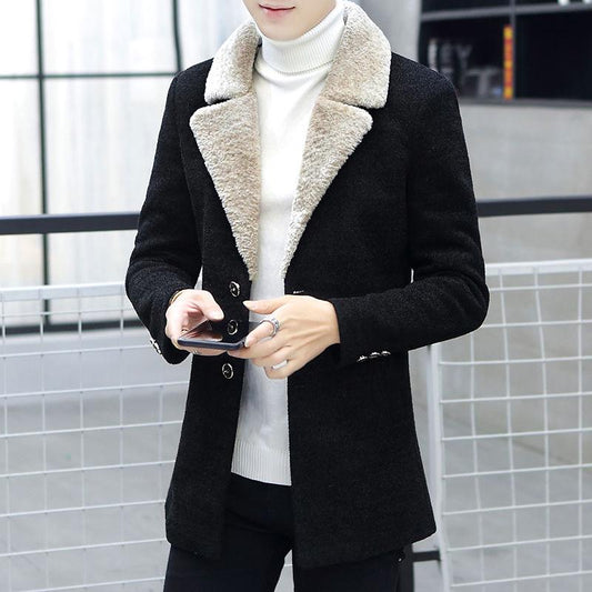Men's Plus Velvet Thick Coat Autumn and Winter Long Woolen Coat Korean Style Trend Men's Youth Jacket
