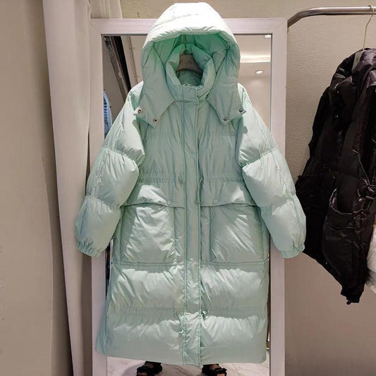 Women's Mid-length Down Jacket Over The Knee Korean Style Loose Thick Hooded Waist Waist Wild White Duck Down Jacket