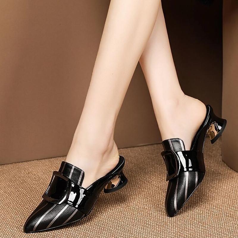 Soft Leather Sandals Women Middle Heel Slippers Pointed Slippers Thick Heel Sexy Heel Sandals