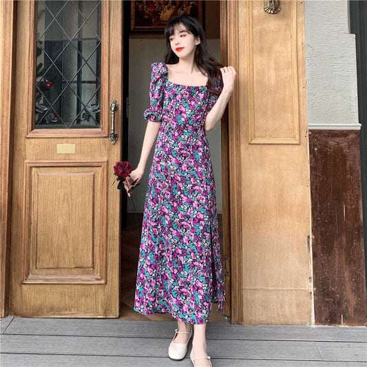 Female Vintage Purple Floral Print Holiday Dress Square Collar Bubble Sleeve Slim Vocation Elegant Dress