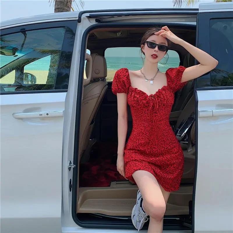 One-Shoulder Puff Sleeve Leopard Dress Women's Summer Slim Skirt