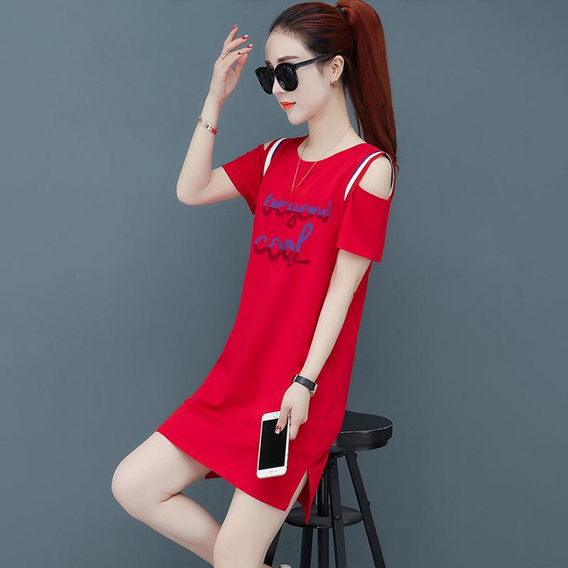 Cotton Mid-length T-shirt Women's Round Neck Short-sleeved Dress Loose and Thin T-shirt Skirt Round Neck Strapless Mid-length T-shirt Skirt Women