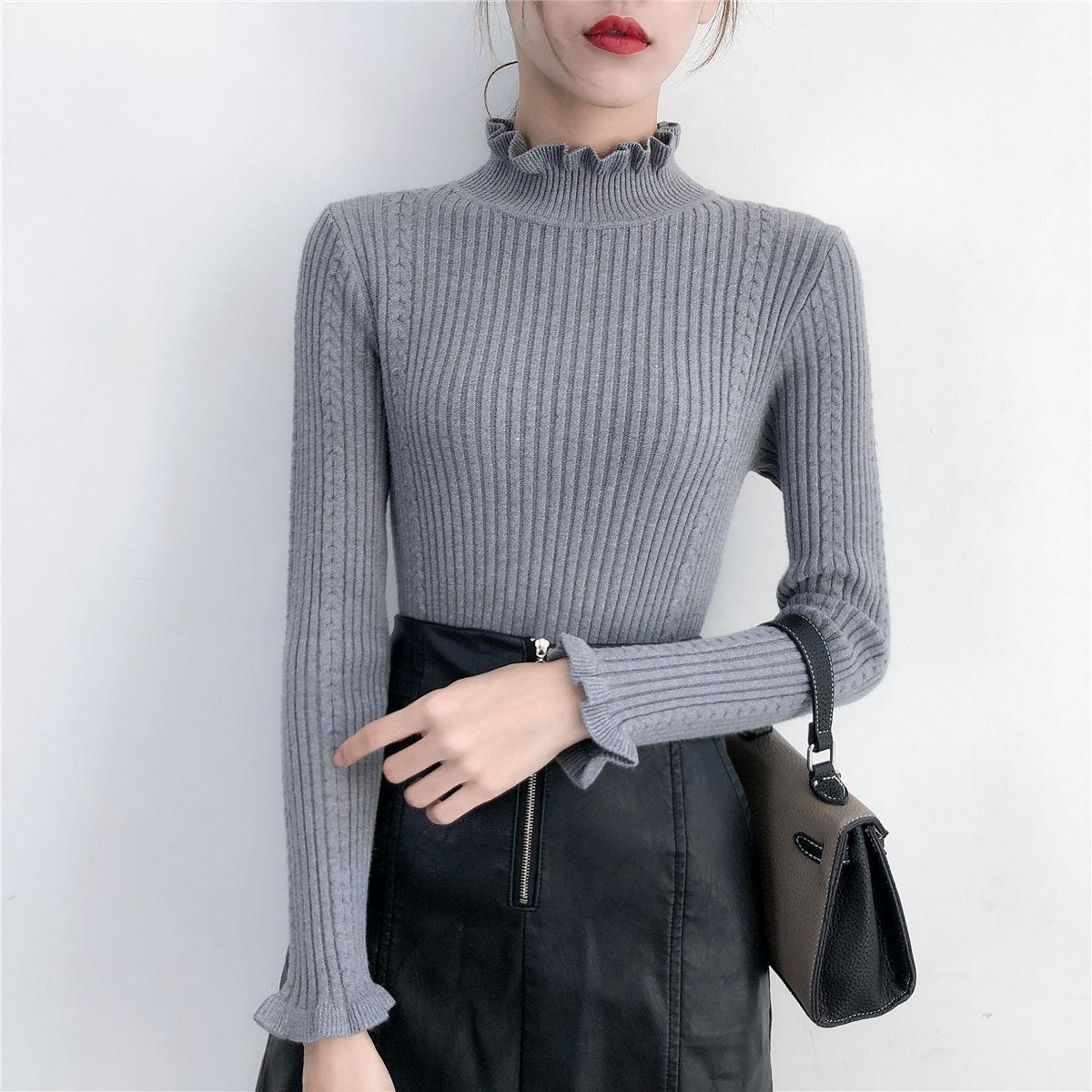 Sweater Women Knitted Ribbed Pullover Sweaters Long Sleeve Turtleneck Slim Jumper Soft Warm Pull