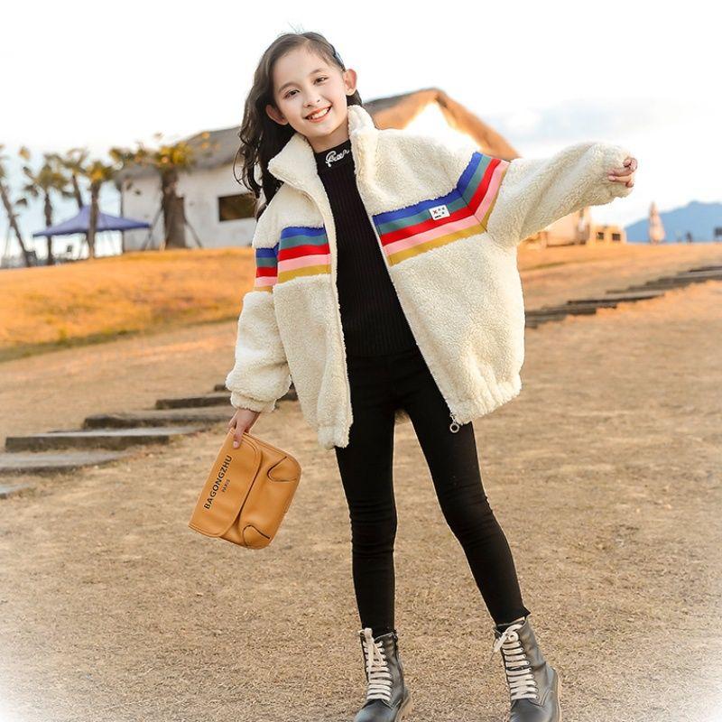 Girls' Jackets Autumn and Winter Clothes Lamb Wool Plus Velvet Thick Warm and Windproof Jacket