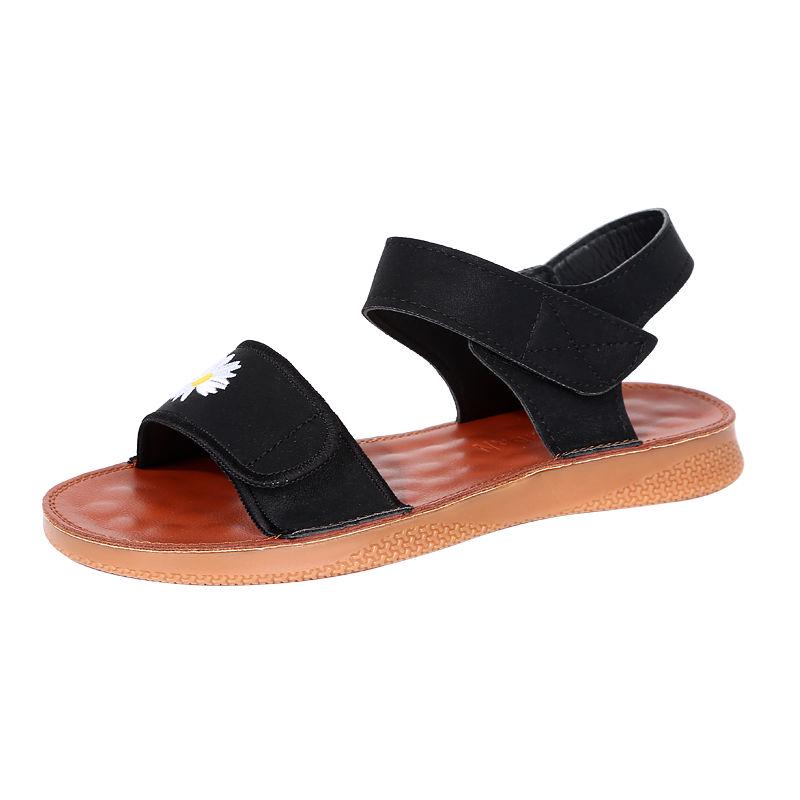 Soft Bottom Sandals Female 2020 Velcro Flat Bottom Students Korean Version of Beef Tendon Bottom Leather Flat Heel Sandals