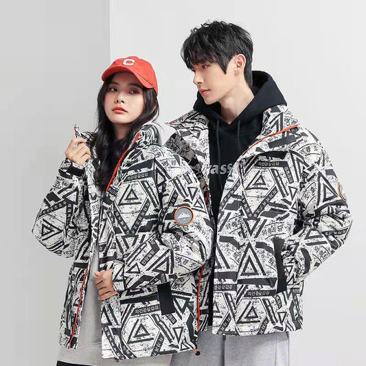 Men and Women The Same Down Jacket Winter Student Short Jacket Plus Velvet Thick Printing Couple Jacket Casual Warm Travel Jacket