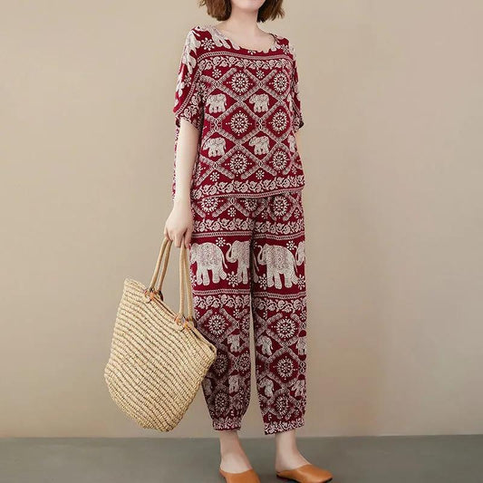 Women Summer Clothes Set Short Sleeve Ninth Pants Vintage Two Piece Set Floral Print Loose Top and Trousers Folk-custom Casual Comfortable Pajama Set