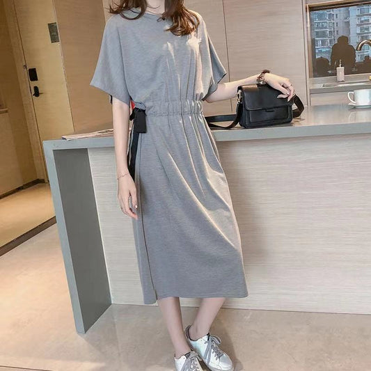Dress Women's Spring Summer Long Loose Large Size T-shirt Skirt Bandage Waist Slimming Over-the-knee Dress