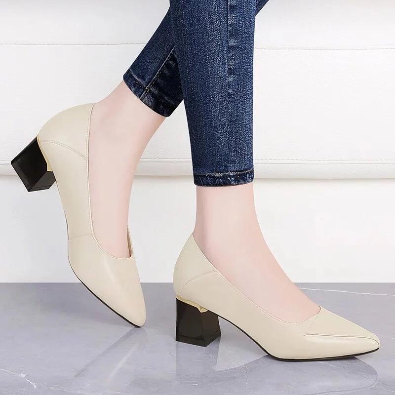 Women Heels Leather Black Shoes Office Ladies Shoes Square Heel Pumps Pointed Toe Fashion Designer