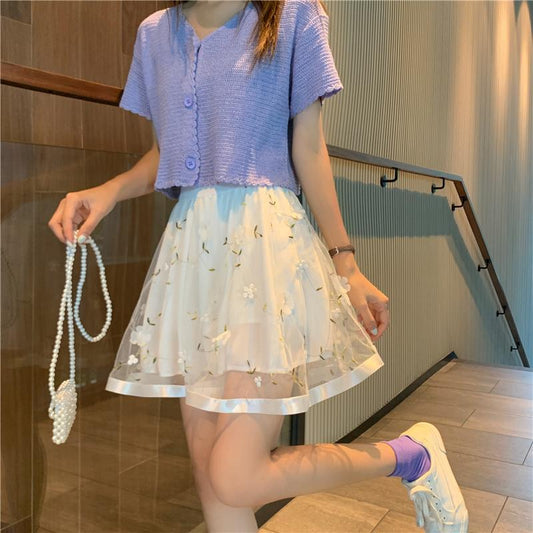 Female Simple High Waist Pleated Short Holiday Skirt Slim Elegant Vacation A-line Mesh Stitched Miniskirt