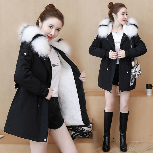 Winter Plus Size Women's Parka Coat Plus Velvet Mid-length Loose Cotton Coat Fashion Big Fur Collar Coat
