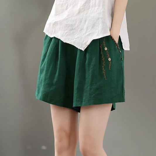 Cotton Shorts for Women Summer Literary Retro Embroidered Thin Loose Short Pants All-match Outer Wear Shorts Cotton Wide-leg Pants Temperament Shorts