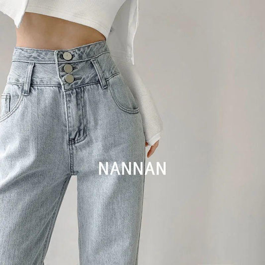 Retro High-waisted Breasted Jeans Women's Drape Loose Straight Wide-leg Trousers Casual All-match Thin Mopping Pants