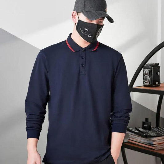 Men's Casual Fashion Solid Color Fit Long-sleeved Lapel POLO Shirt To Keep Warm In Winter