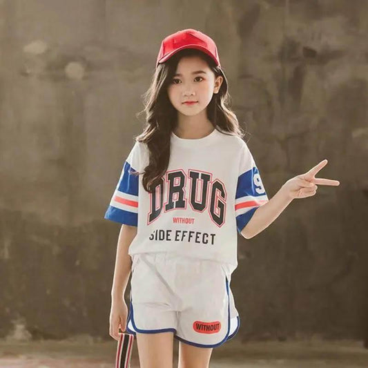 Girls Sports Suit Summer Casual Sweat-absorbing Breathable Short-sleeved Shorts Loose Cool Printing Sports Two-piece Set