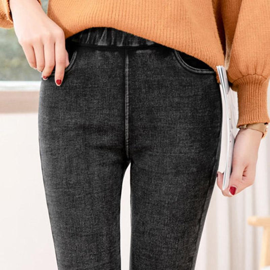 Fleece Jeans Women Wear Thick Stretch Pants In Winter, High Waist Pants with Small Feet To Keep Warm and Thin Slim Pencil Pants