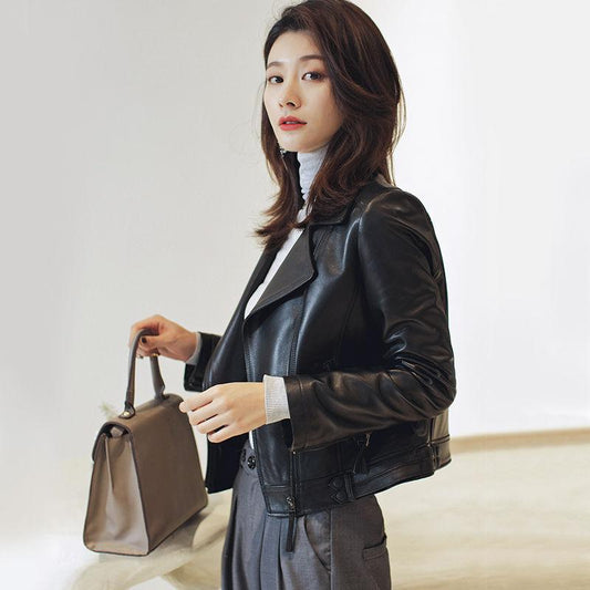 Urban Fashion Elegant Female Leather Jacket Fashion Trend Slim Short 100% Sheepskin Jacket