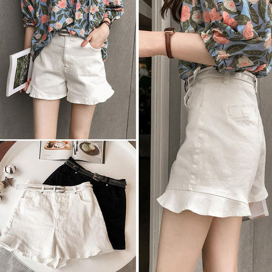 Ruffled Denim Casual Shorts Women's Summer High Waist Thin Loose Black and White Wide-leg A-string Pants