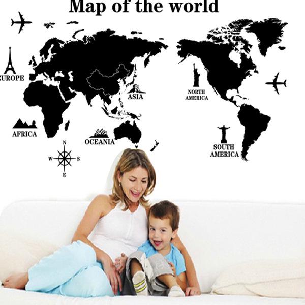 Black map wall sticker Green removable sticker Bedroom living room study decoration