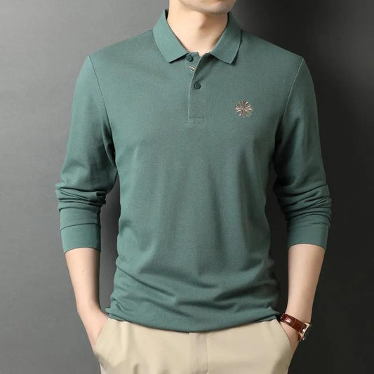 Men's Embroidered Top Long Sleeve Polo Shirt Spring and Autumn Thin Lapel T-Shirt Loose Solid Color All Match Casual Bottom Polo Shirt