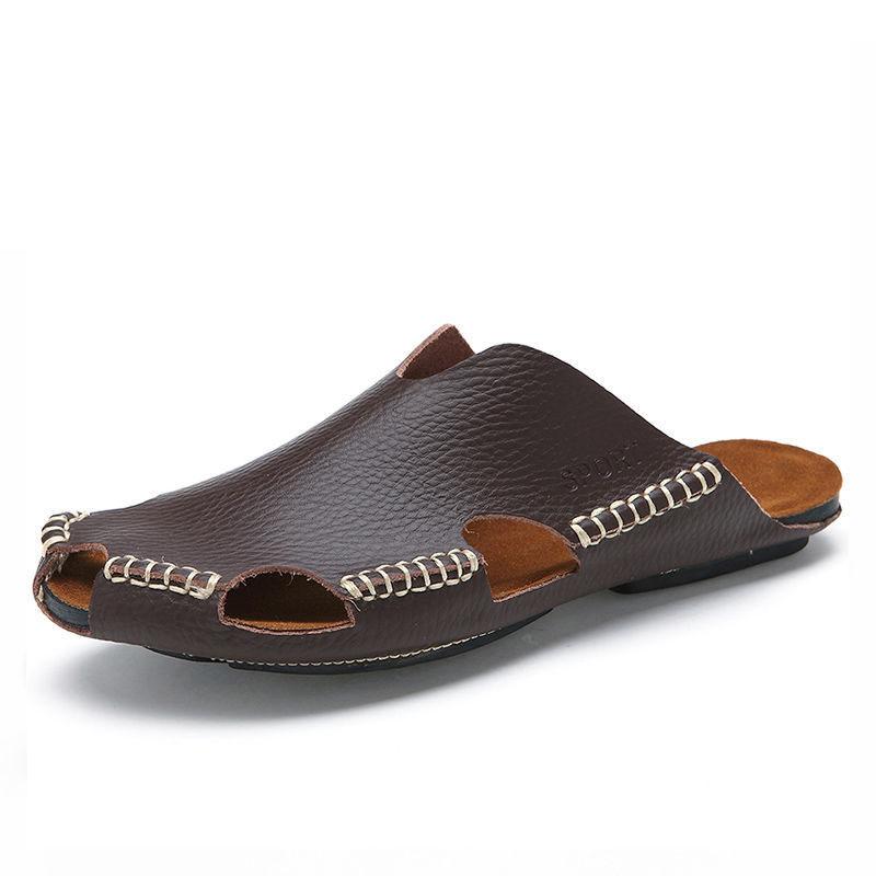 Men Sandals Beach Shoes Summer Drain Leather Wading Shoes On Surf Quick -Drying Skin Slip -On Light