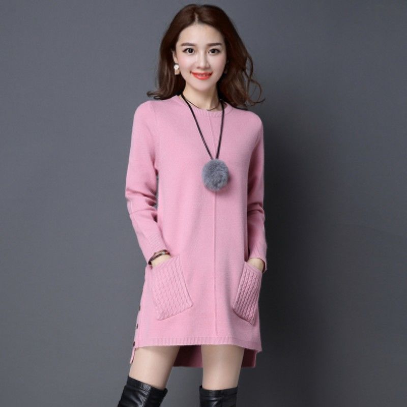 Autumn and Winter Long Round Neck Sweater Loose Pullover Solid Color Bottoming Shirt Solid Color Casual Women's Jacket
